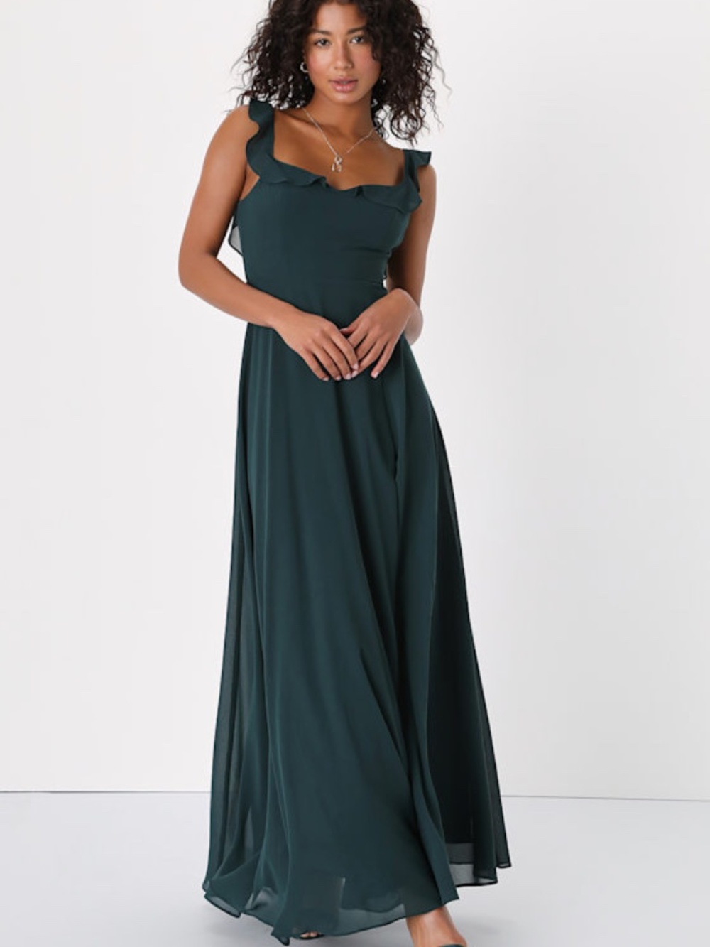 Lulus Dreamy Admiration Emerald Green Ruffled Maxi Dress - Size L